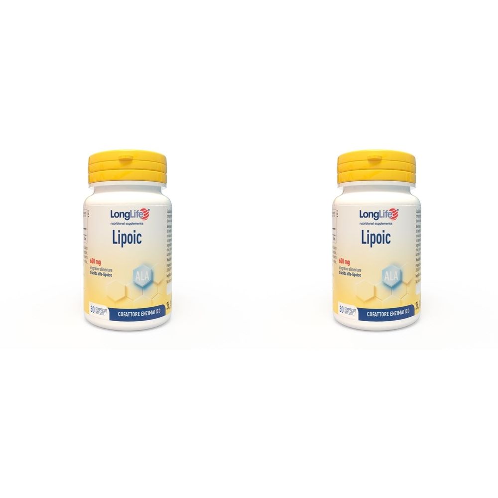 Zwei weiße Flaschen mit gelben Deckeln. Aufschrift: LongLife Lipoic 600 mg. Aufkleber mit Produktinformationen.