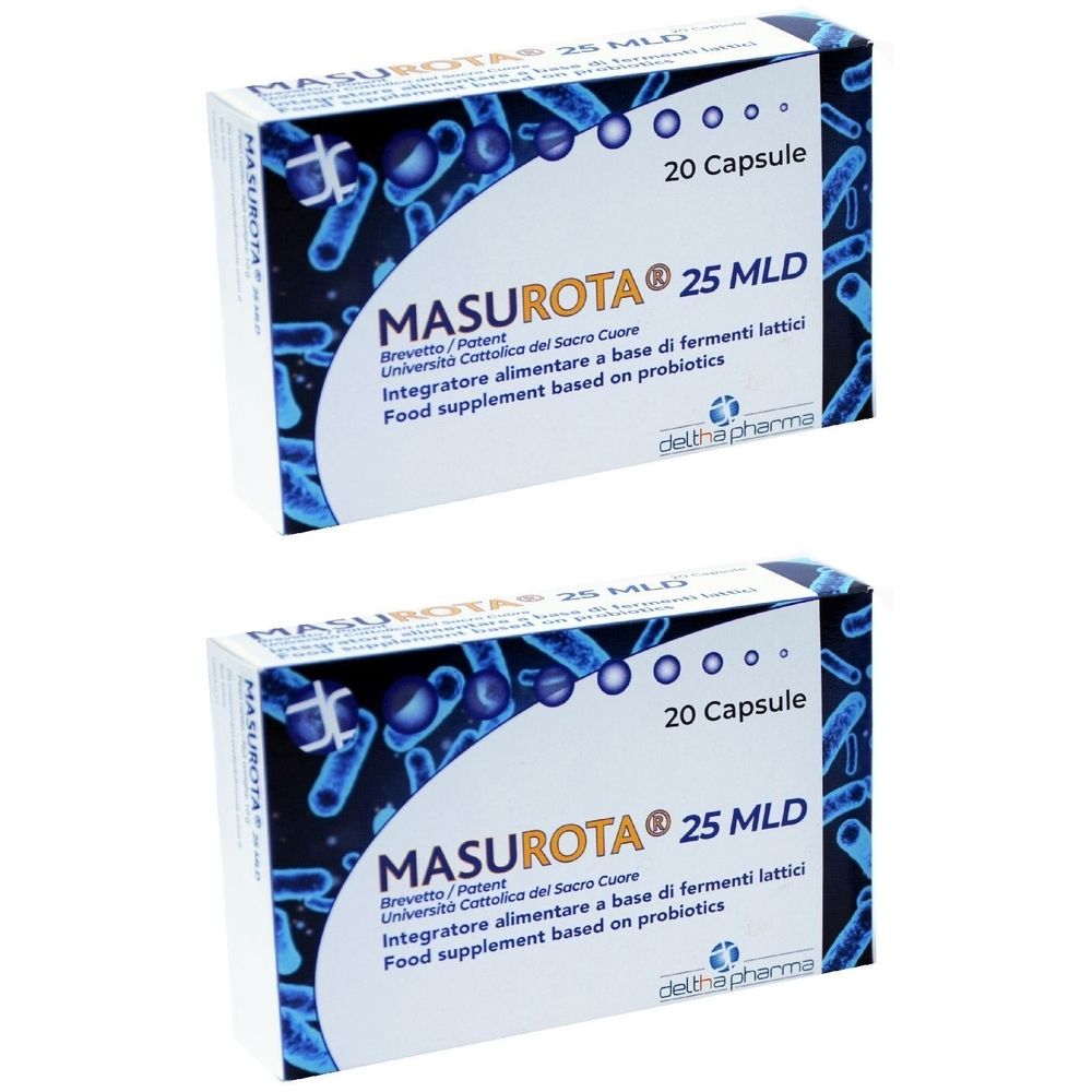 Zwei Schachteln mit der Aufschrift MASUROTA® 25 MLD, 20 Kapseln. Enthält Text in italienischer und englischer Sprache.