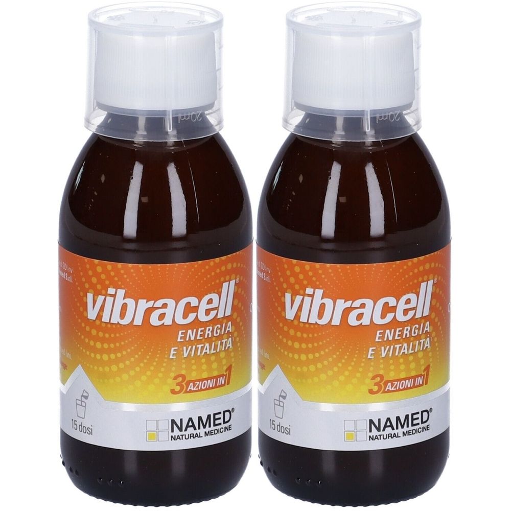 Zwei Flaschen mit brauner Flüssigkeit. Aufschrift vibracell, Energie e Vitalita, 3 Azioni in 1. Marke NAMED Natural Medicine.