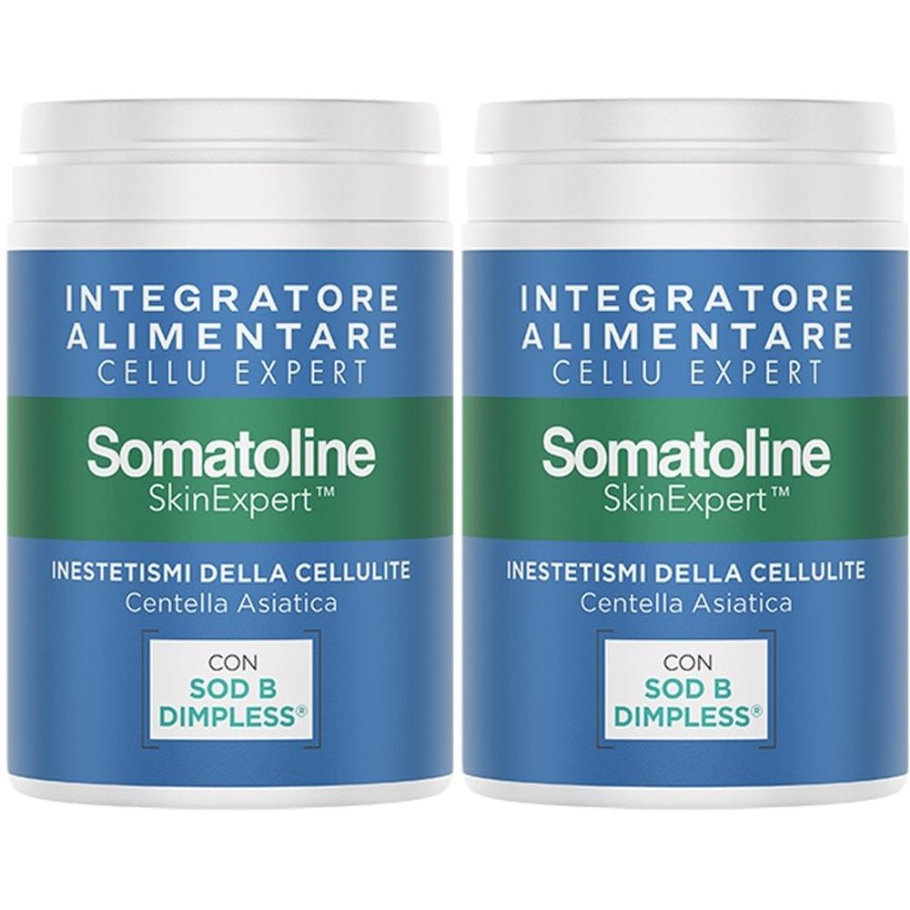 Deux boîtes blanches avec texte bleu. Inscription: Somatoline Skin Expert Cellu Expert, Inestetismi della Cellulite, Centella Asiatica.
