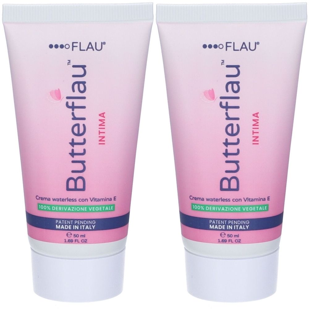 Zwei Tuben Creme. Aufschrift: Butterflau Intima, Creme waterless con Vitamina E, 100% Derivazione Vegetale. Made in Italy. Patent Pending.