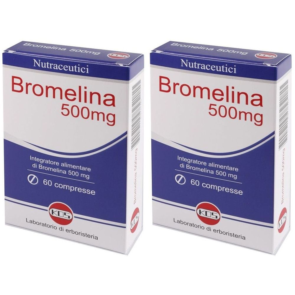Deux boîtes de Bromelina 500mg. Emballage bleu et blanc avec nom du produit, dosage et informations. 60 comprimés.