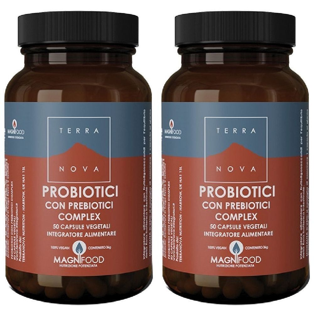 Deux flacons bruns avec des couvercles noirs. Les étiquettes indiquent "TERRA NOVA PROBIOTICI CON PREBIOTICI COMPLEX".