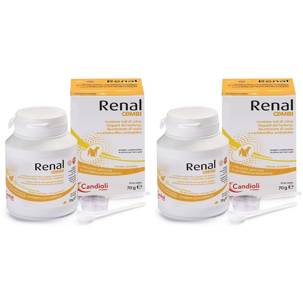 Zwei weiße Flaschen und zwei Kartons mit der Aufschrift "Renal Combi". Inklusive Messlöffel. Marke: Candioli.