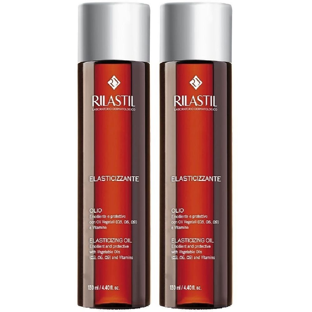 Zwei Flaschen Rilastil Elasticizzante Öl. Braune Flaschen mit silbernen Deckeln. Text: Elasticizzante, Olio, Elasticizing Oil.