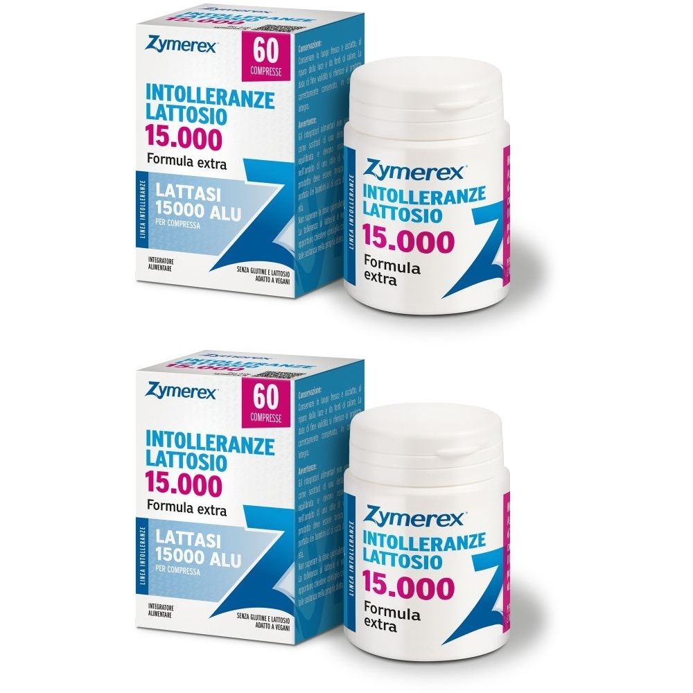 Zwei Packungen und Flaschen von Zymerex Intolleranze Lattosio. Aufschrift: 60 Compresse, 15.000, Formula extra.