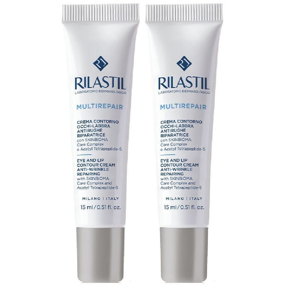 Deux tubes de crème contour des yeux et des lèvres Rilastil Multirepair. Tubes blancs avec bouchons gris, texte et logo.