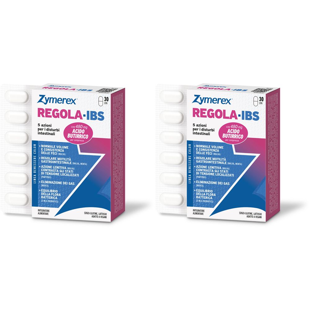 Deux boîtes de Zymerex REGOLA-IBS. Inscription : 5 actions, 24 comprimés, avec 480 mg d'acide butyrique par comprimé.