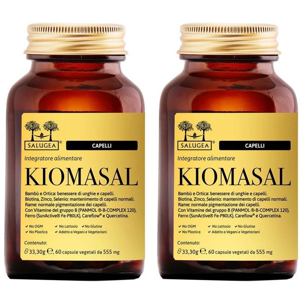 Zwei braune Glasflaschen mit goldenen Deckeln und Etiketten. Auf den Etiketten steht "KIOMASAL" und "SALUGEA".