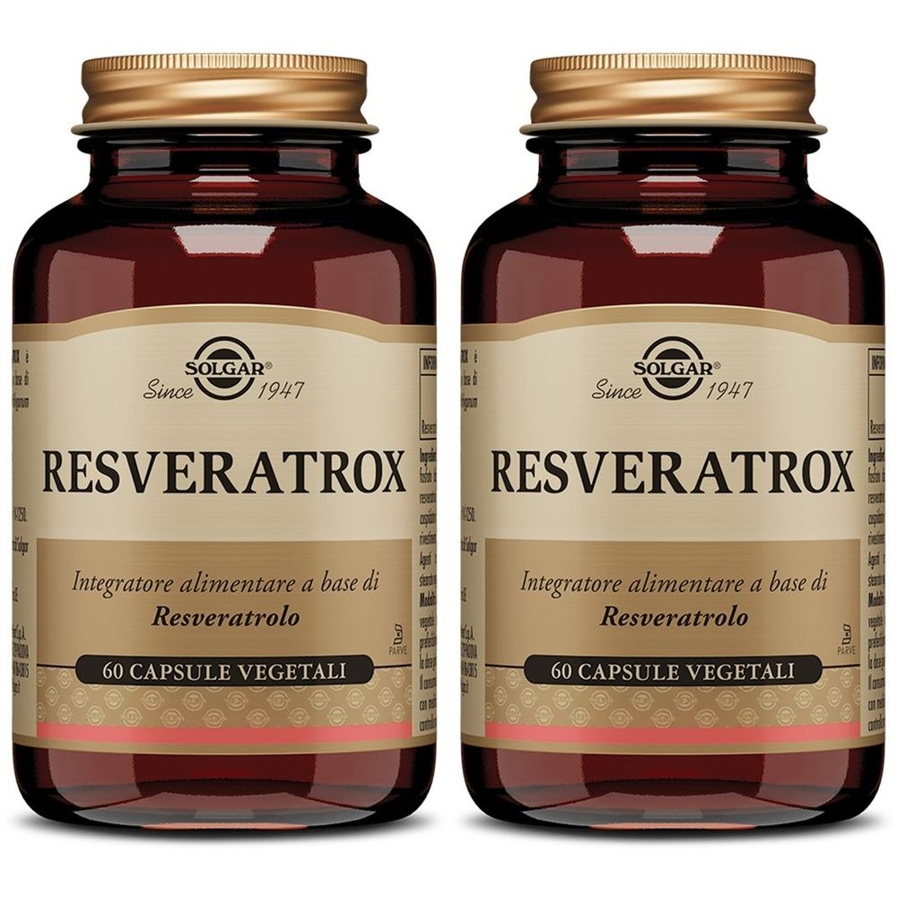 Deux flacons de SOLGAR Resveratrox. Flacons en verre brun avec bouchons dorés. Inscription: RESVERATROX, 60 CAPSULE VEGETALI.