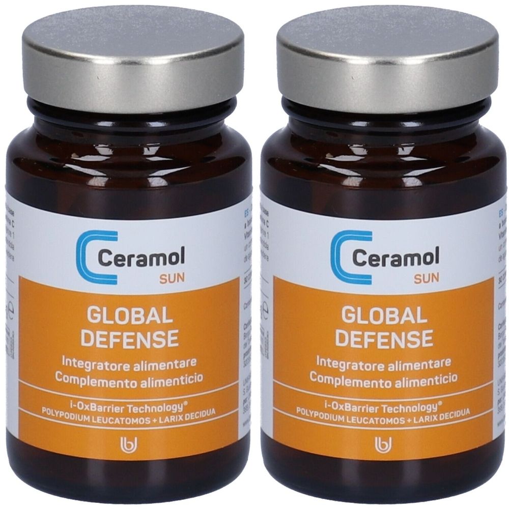 Zwei braune Flaschen mit silbernen Deckeln. Auf den Etiketten steht "Ceramol SUN GLOBAL DEFENSE".