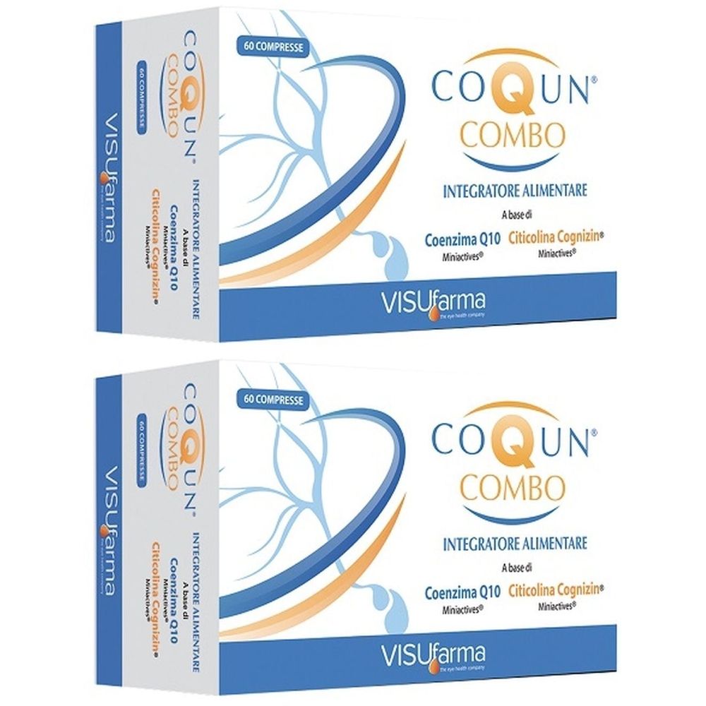 Zwei Schachteln Coqun Combo, Nahrungsergänzungsmittel. Aufschrift: 60 Tabletten, Coenzima Q10, Citicolina Cognizin. Marke: Visufarma.