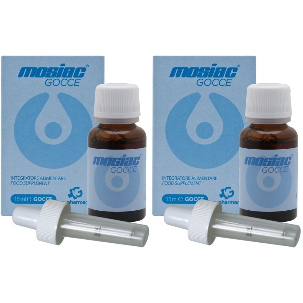 Zwei Flaschen mit Tropfern und Verpackungen. Aufschrift: mosiac Gocce. Blaue Verpackung mit Tropfen-Symbol.