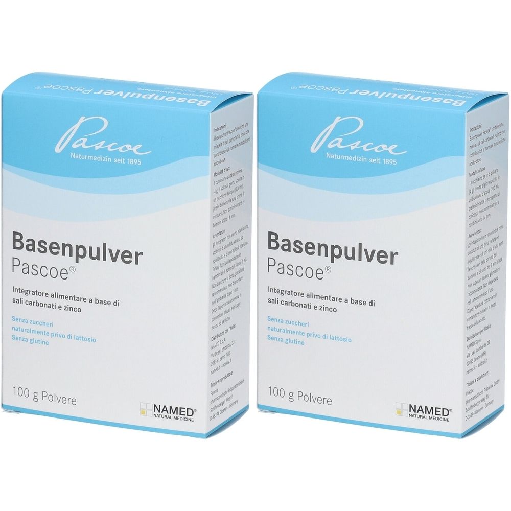Zwei blaue Kartons mit der Aufschrift "Basenpulver Pascoe". Aufschrift in italienischer Sprache. 100 g Pulver. Marke NAMED.