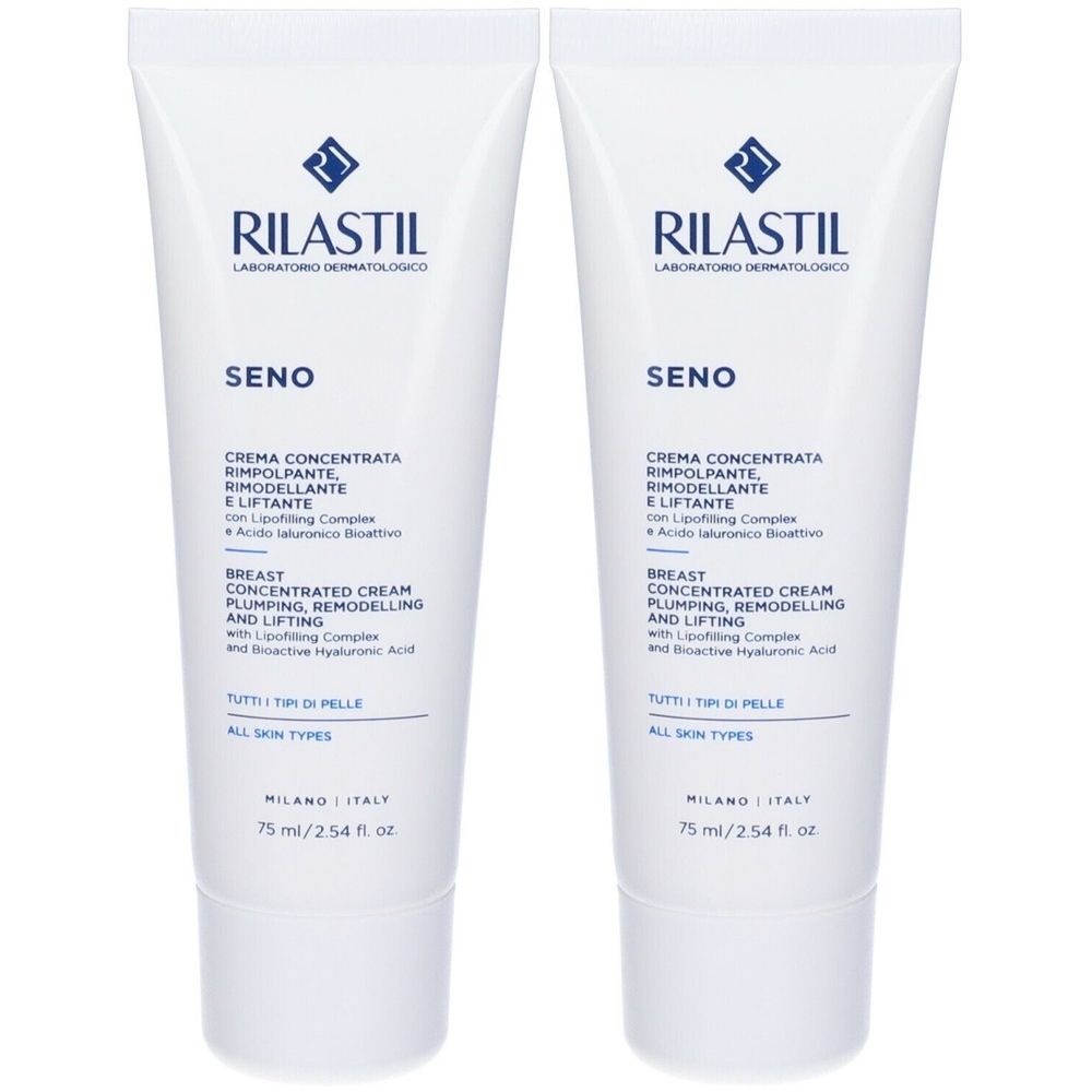 Deux tubes blancs avec texte. Inscription: Rilastil Seno, crème concentrée pour la poitrine. 75 ml.