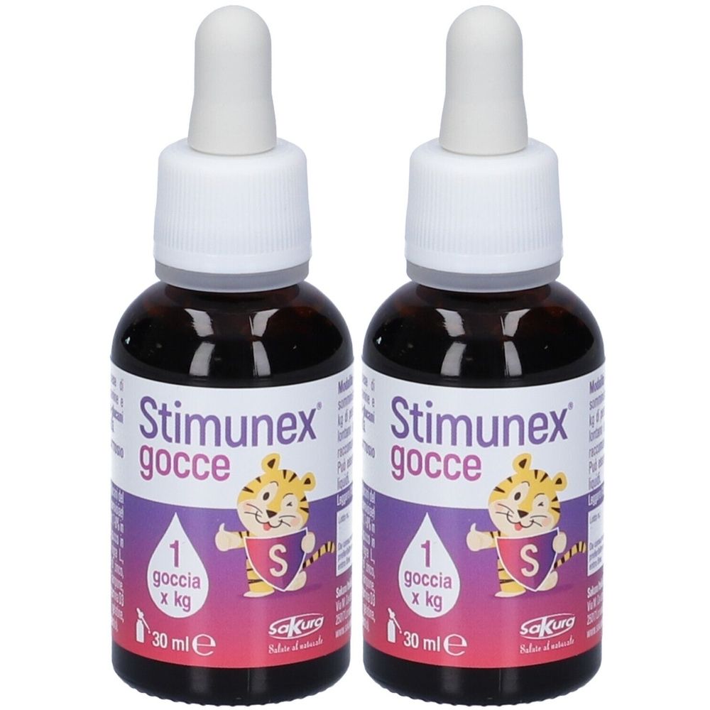 Zwei Flaschen mit brauner Flüssigkeit und weißen Tropfern. Auf den Etiketten steht "Stimunex gocce" und ein Tiger-Cartoon. 30 ml.