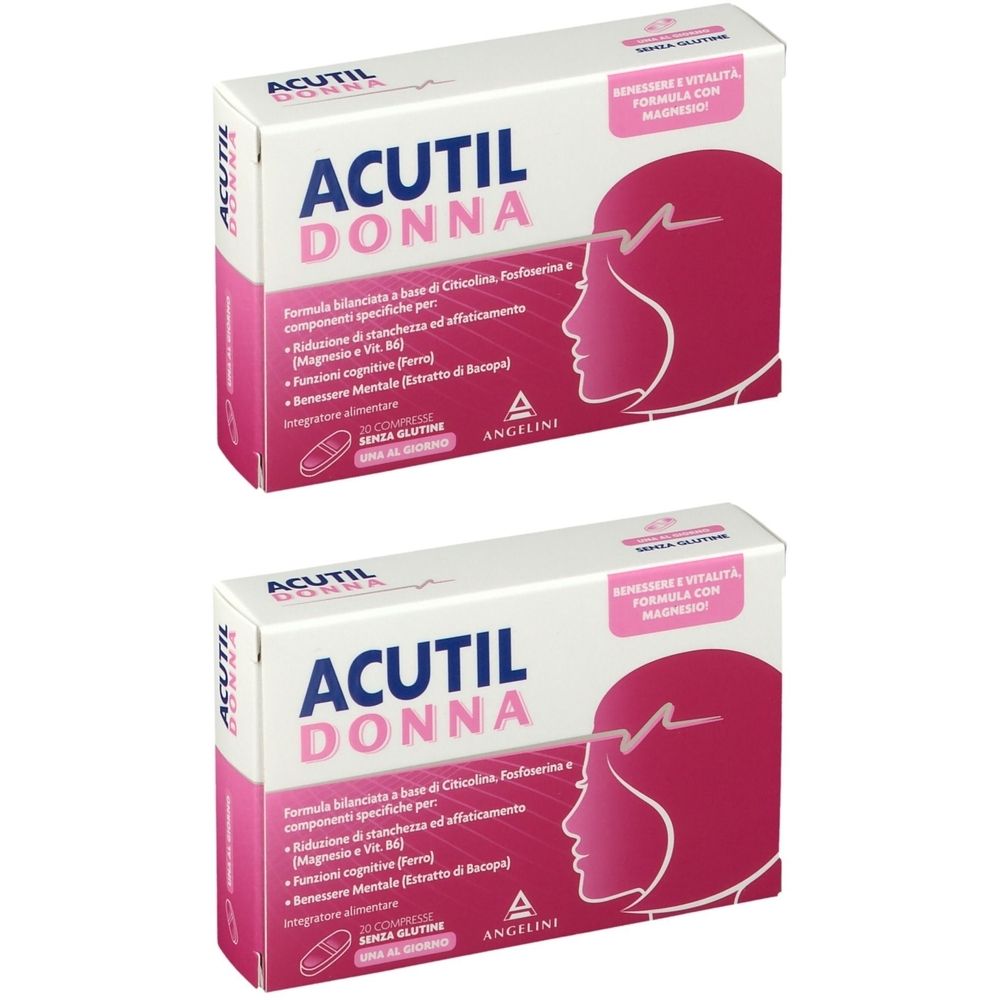 Deux boîtes de ACUTIL Donna. Boîtes blanches avec des accents roses et des informations sur le produit. Comprend une illustration d'un profil de femme.