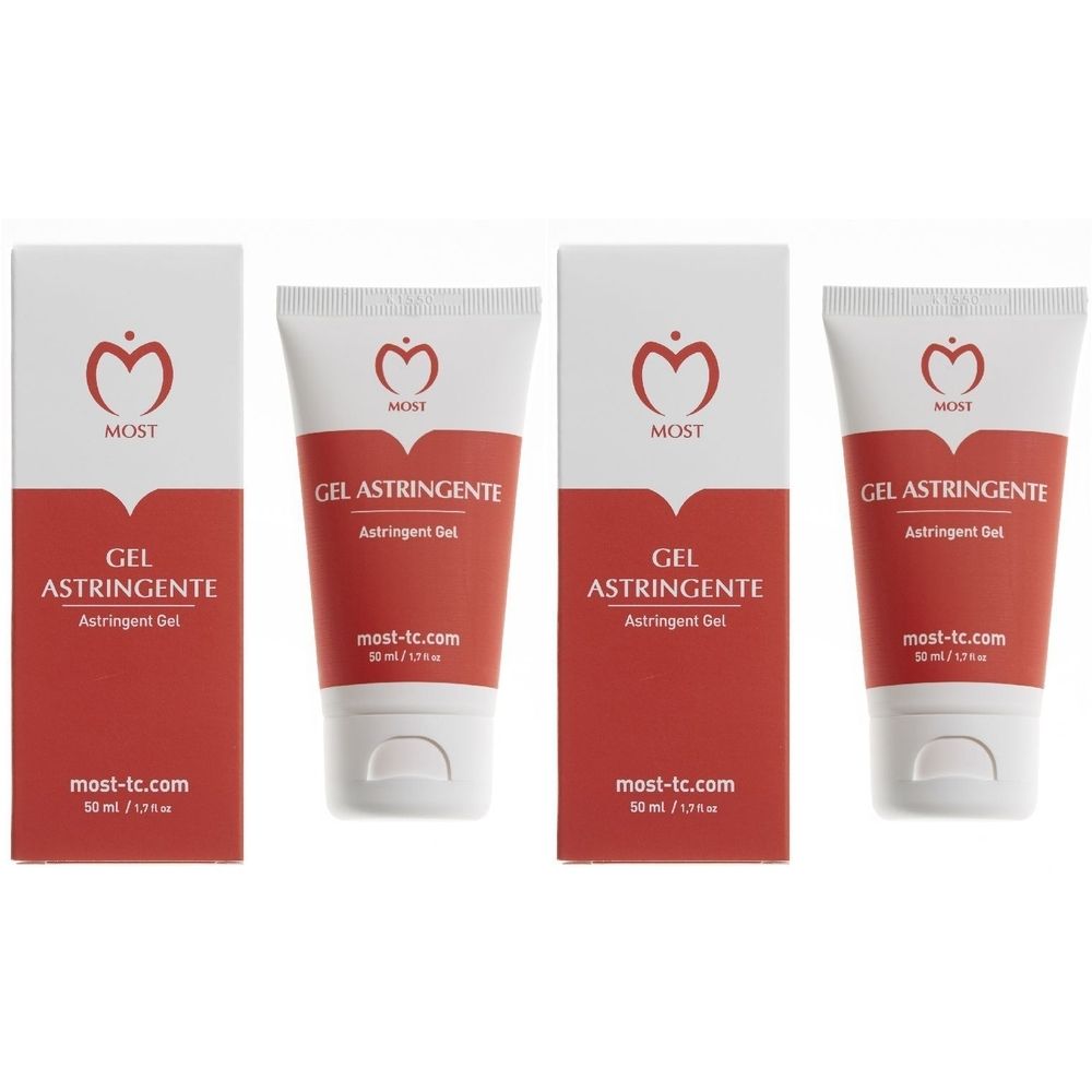 Zwei Tuben und zwei Schachteln mit roter und weißer Aufschrift. Auf den Tuben steht "GEL ASTRINGENTE".