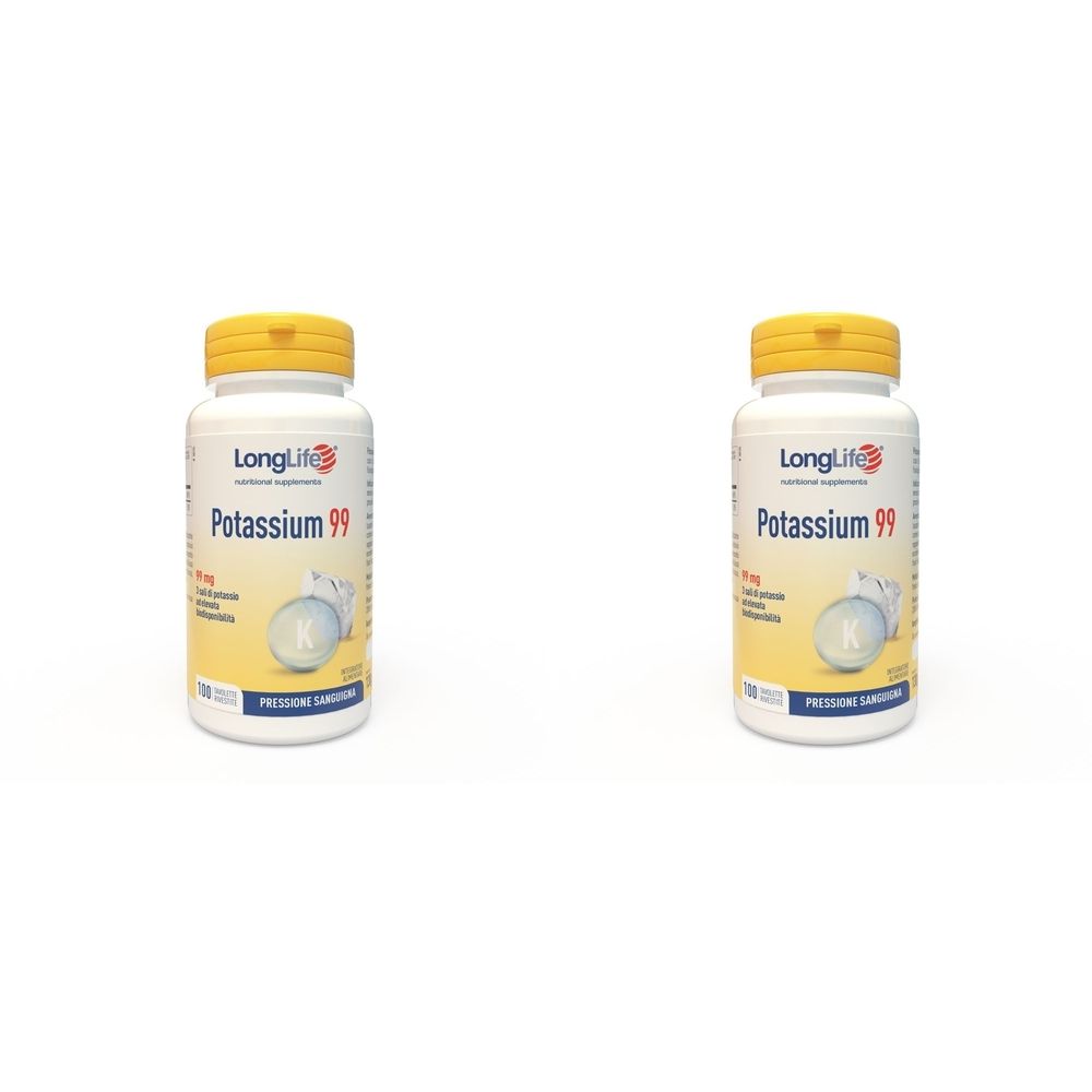 Zwei weiße Flaschen mit gelben Deckeln. Aufschrift: LongLife Potassium 99. Auf gelbem Etikett weitere Informationen.