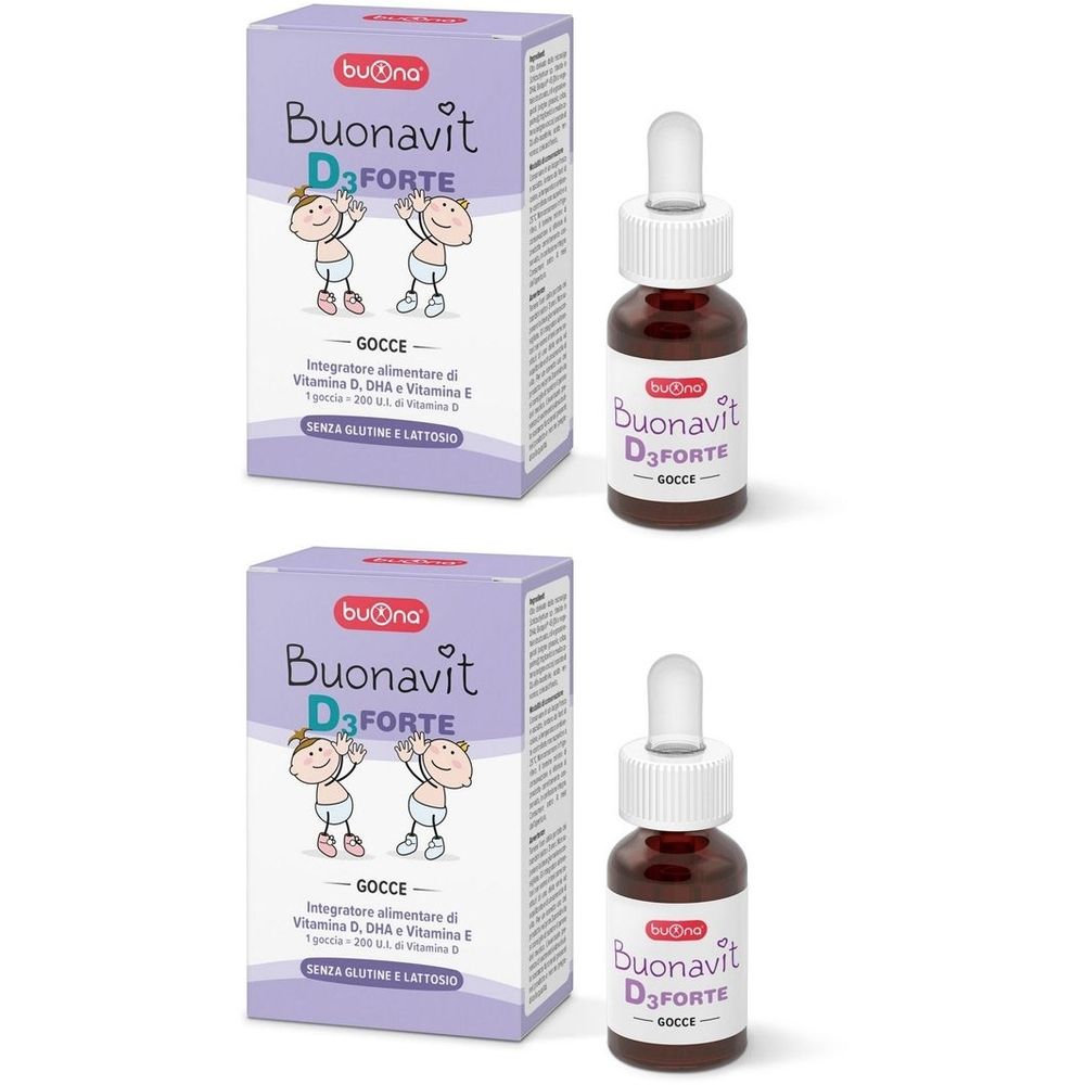 Deux boîtes et flacons Buonavit D3 Forte. Emballage violet avec nom du produit et illustration enfantine. Flacons compte-gouttes.