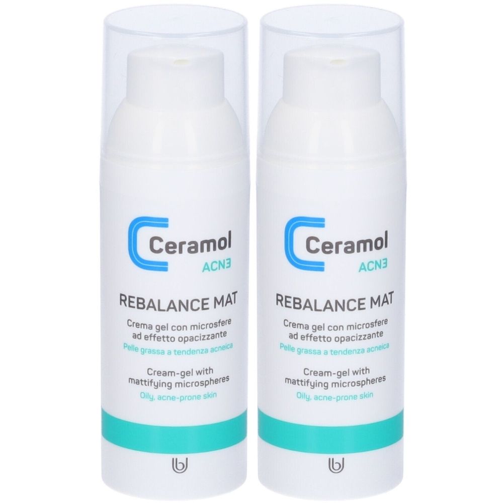 Zwei weiße Flaschen mit transparenten Kappen. Aufschrift: Ceramol, ACN3, REBALANCE MAT. Creme-Gel mit mattierenden Mikrokügelchen.