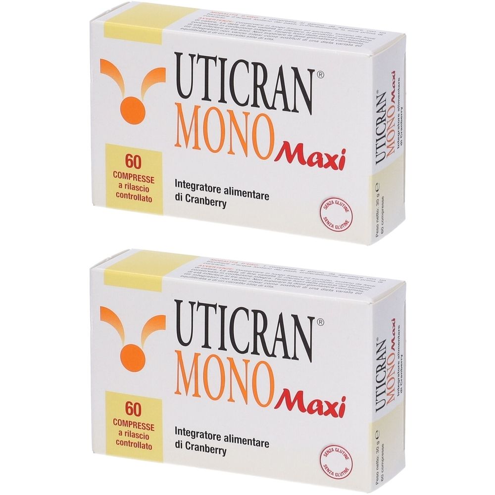 Deux boîtes blanches avec l'inscription UTICRAN MONO Maxi. Chaque boîte indique "60 COMPRESSE".