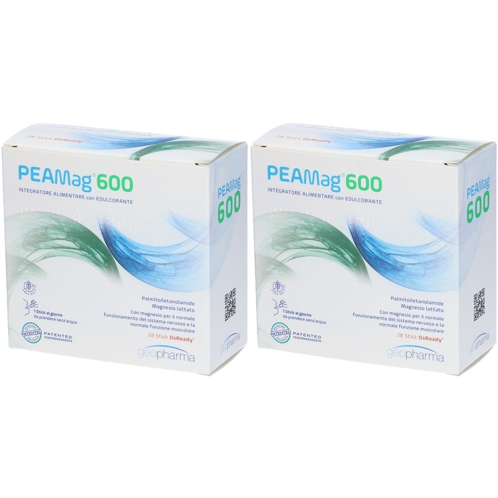 Deux boîtes blanches avec l'inscription PEAMag 600. Motifs de vagues bleues et vertes. Texte en italien.