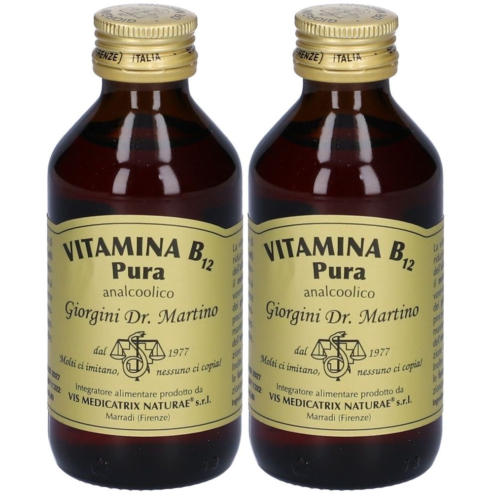 Zwei Flaschen mit brauner Flüssigkeit. Etikett mit Text: VITAMINA B12 Pura, Giorgini Dr. Martino. Goldfarbener Verschluss.