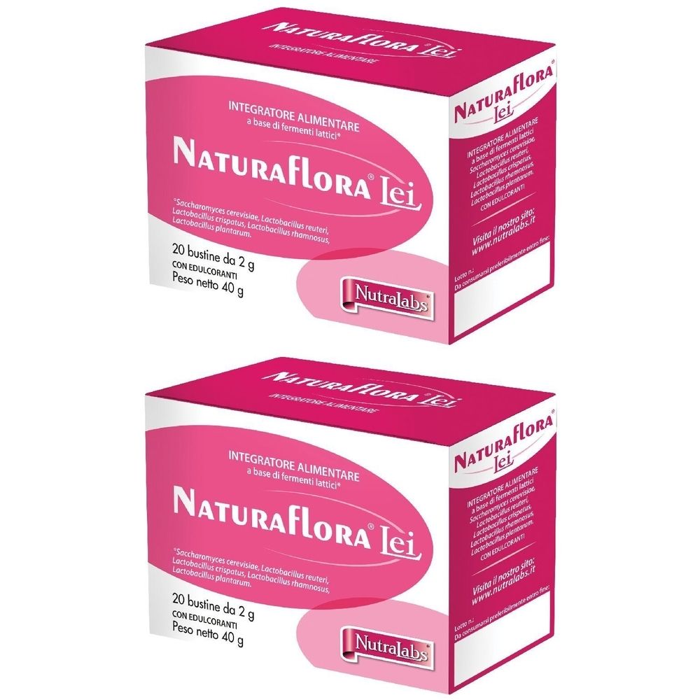 Zwei rosa Schachteln mit "Naturaflora Lei". Aufschrift: "Integratore Alimentare". Enthält 20 Beutel à 2 g. Nettogewicht 40 g. Marke: Nutralabs.