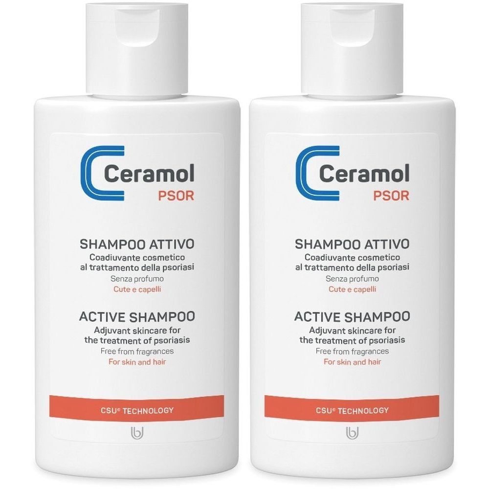 Zwei weiße Flaschen Ceramol Psor Shampoo Attivo. Aufschrift: SHAMPOO ATTIVO, ACTIVE SHAMPOO. CSU TECHNOLOGY.