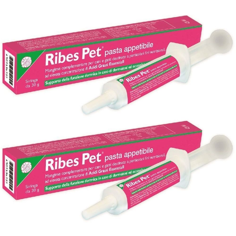 Zwei Packungen Ribes Pet, appetitliche Paste. Rosa Verpackung mit Spritze. Text: Ribes Pet, Siringe da 30 g.