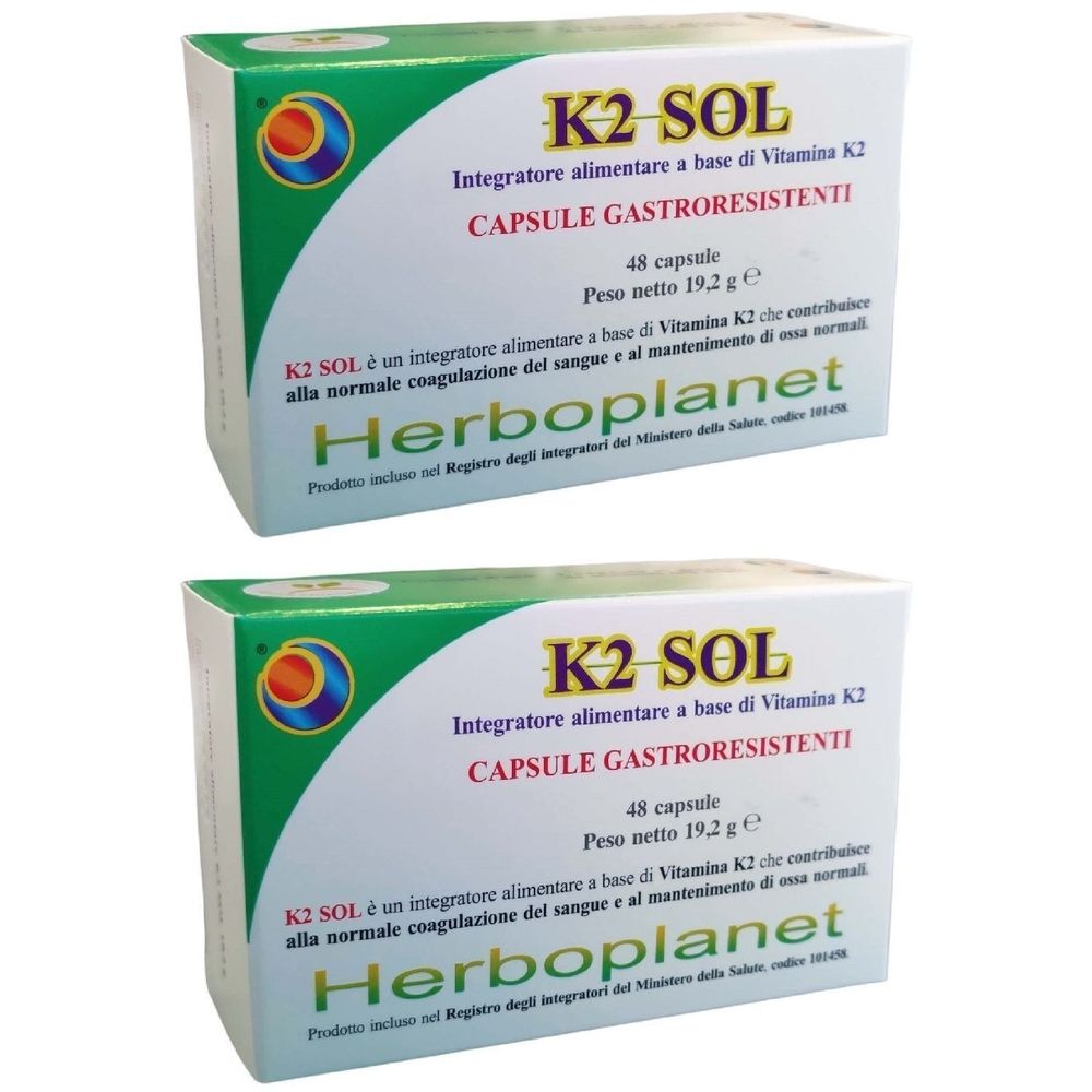 Deux boîtes de complément alimentaire K2 SOL. Inscription: CAPSULE GASTRORESISTENTI, 48 capsules. Marque: Herboplanet.