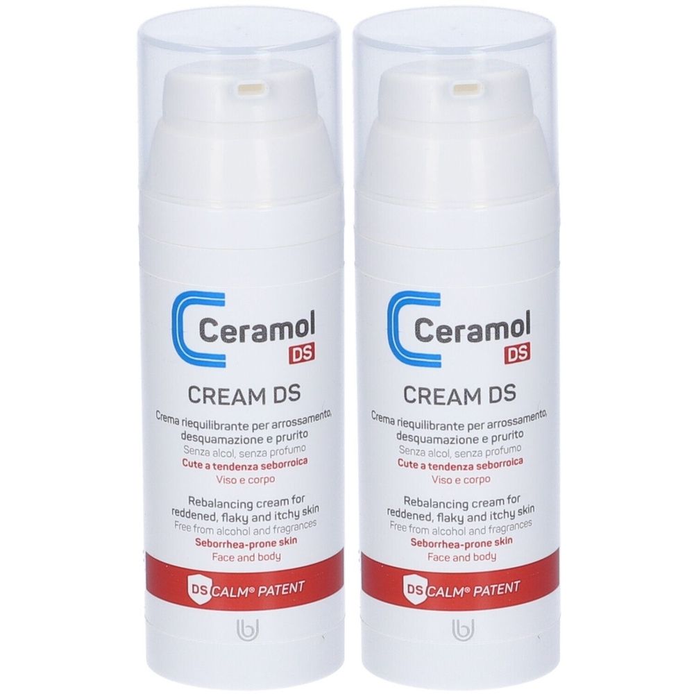 Deux crèmes blanches avec couvercles transparents. Inscription: Ceramol CREAM DS. Texte en italien et en anglais. Bande rouge en bas.