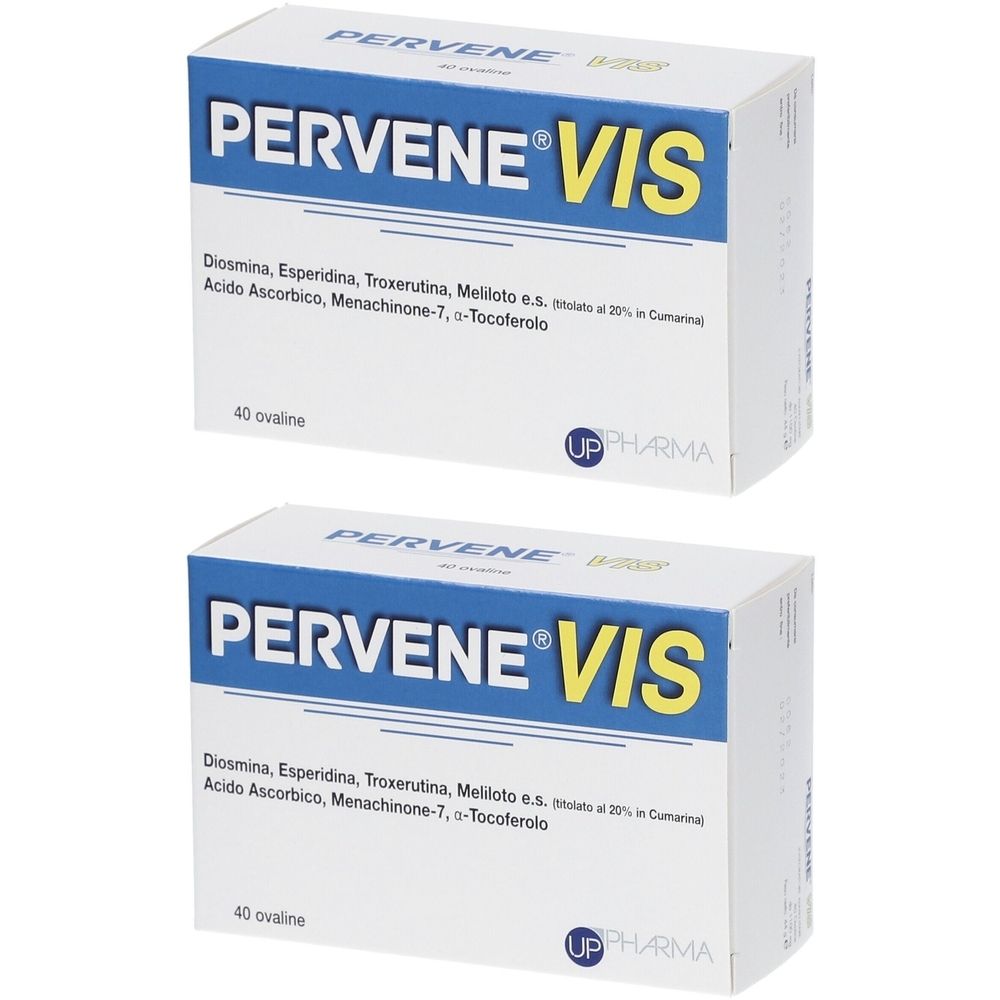 Deux boîtes blanches avec l'inscription bleue PERVENE VIS. Inscription : Diosmina, Esperidina, Troxerutina, Meliloto e.s., Acido Ascorbico, Menachinone-7, α-Tocoferolo. 40 ovaline.