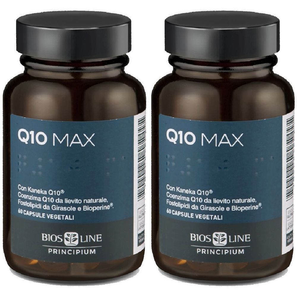 Zwei braune Flaschen mit schwarzen Deckeln. Auf den Etiketten steht "Q10 MAX". Darunter Text in italienischer Sprache und das Logo von BIOS LINE PRINCIPIUM.
