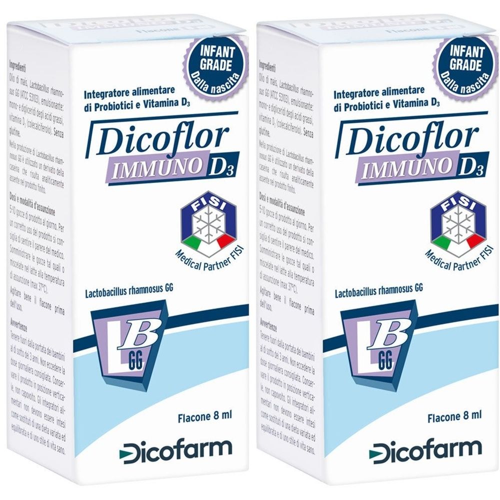 Zwei weiße Schachteln mit "Dicoflor Immuno D3". Text: "Integratore alimentare di Probiotici e Vitamina D3". Flasche 8 ml. Marke: Dicofarm.