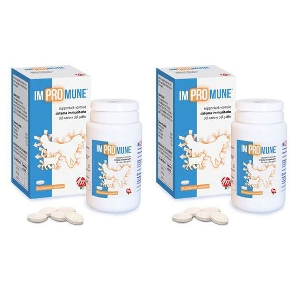 Deux boîtes et flacons. "IM PRO MUNE" est écrit sur les boîtes et les flacons. Des comprimés sont devant les flacons.