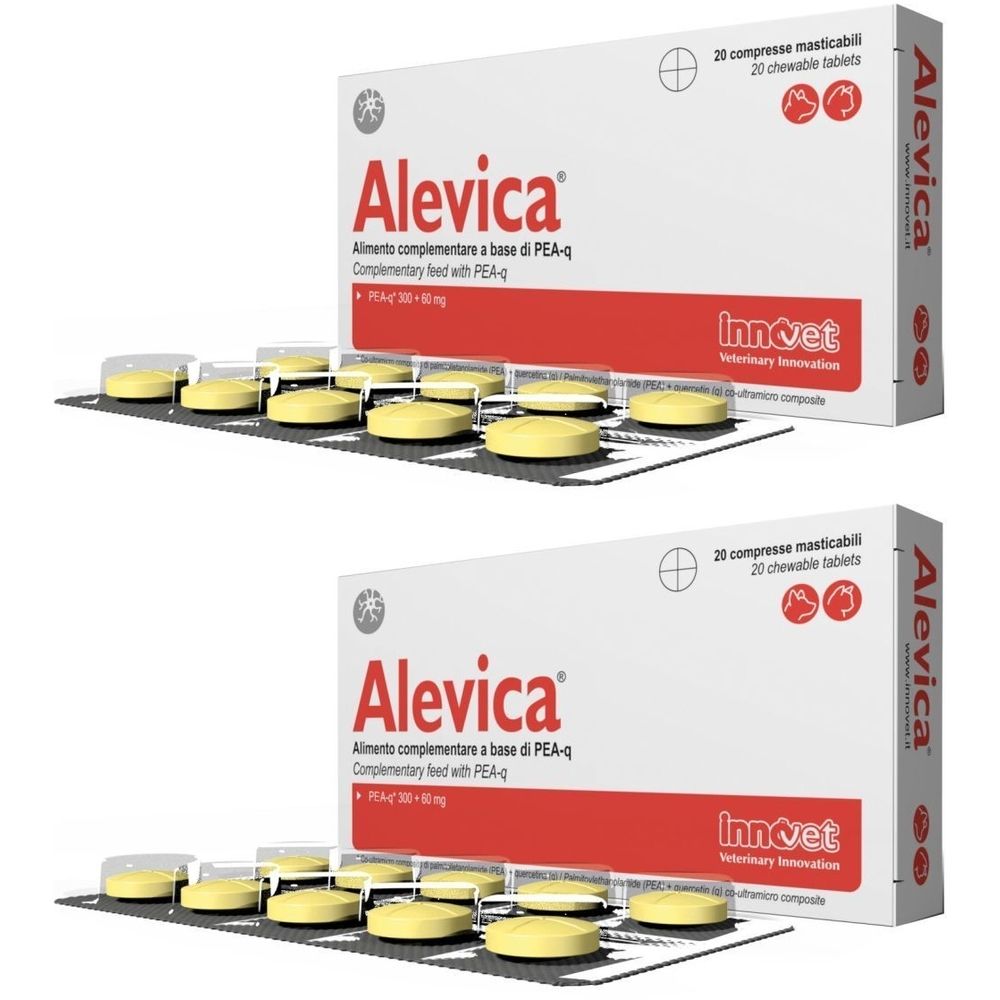 Deux boîtes de comprimés Alevica. 20 comprimés par boîte. Marque Innovet. Comprimés jaunes.