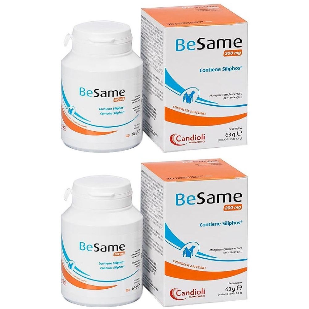 Zwei weiße Flaschen und zwei orangefarbene Schachteln. Auf den Flaschen steht "BeSame". Auf den Schachteln steht "BeSame 200 mg".