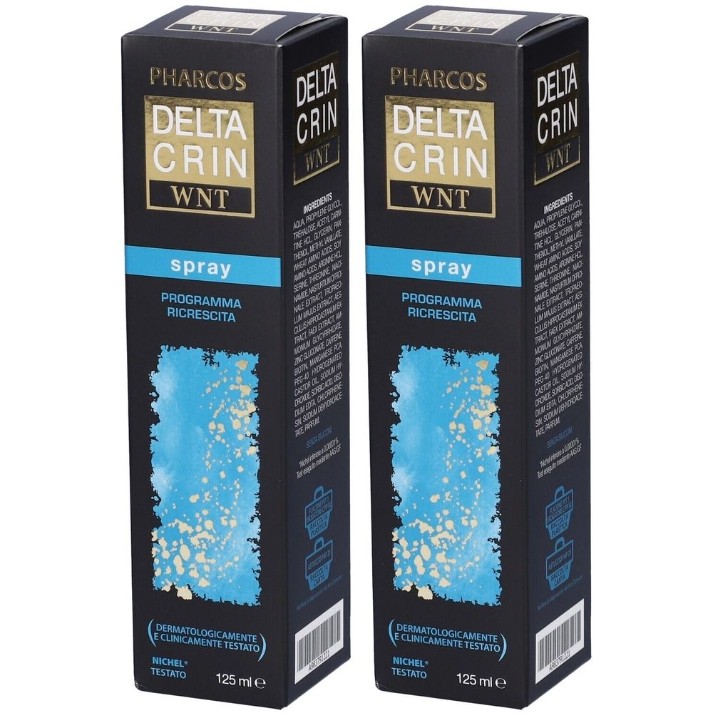 Deux boîtes noires avec impression de produit. Inscription : Pharcos Deltacrin WNT Spray. Texte en italien. Testé dermatologiquement.