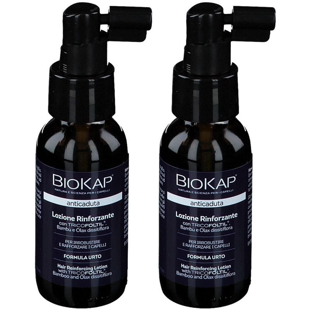 Deux flacons avec bouchon noir. L'étiquette indique "BIOKAP anticaduta Lozione Rinforzante".