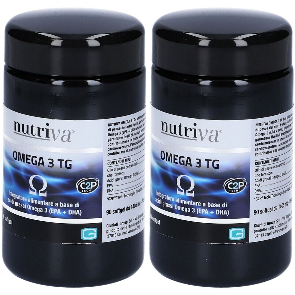 Deux flacons noirs de compléments alimentaires Omega 3 TG. Inscription : Nutriva, Omega 3 TG, EPA + DHA. 90 gélules.