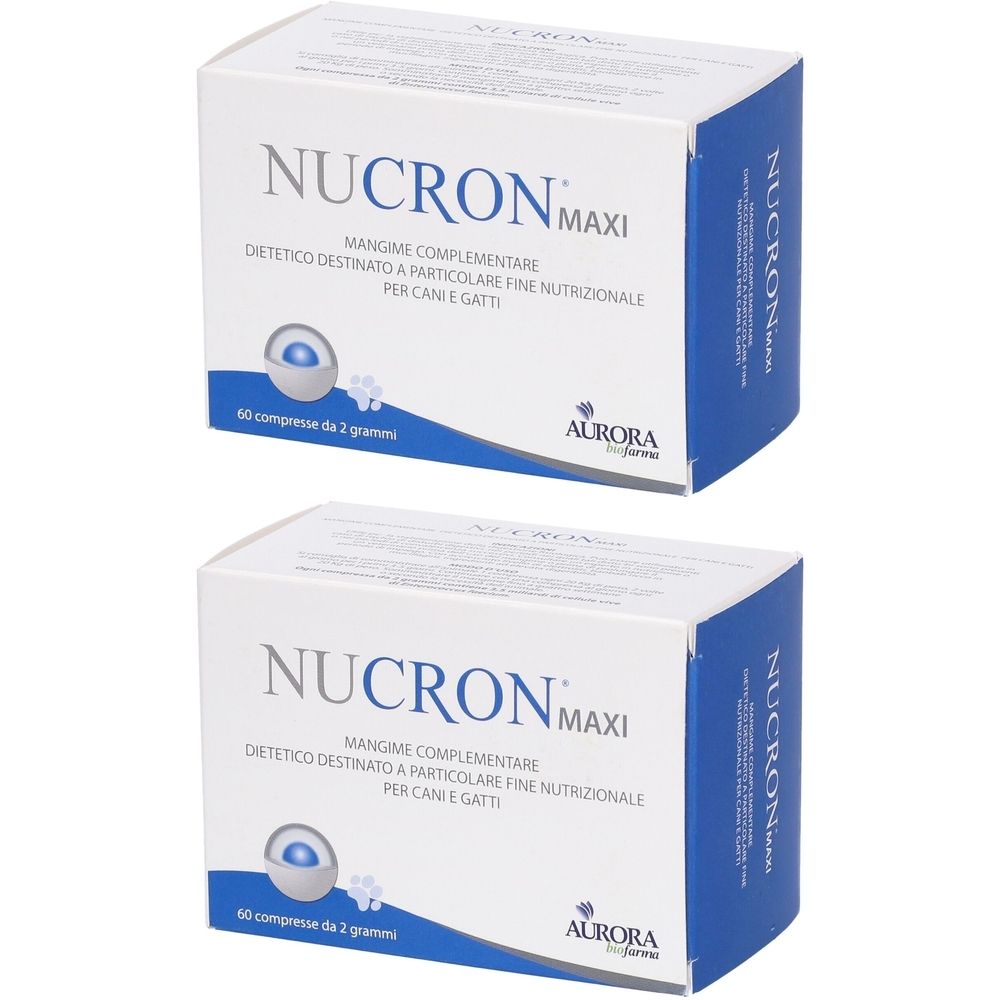 Deux boîtes blanches avec des accents bleus. Inscription : Nucron Maxi, complément alimentaire pour chiens et chats. Logo Aurora.