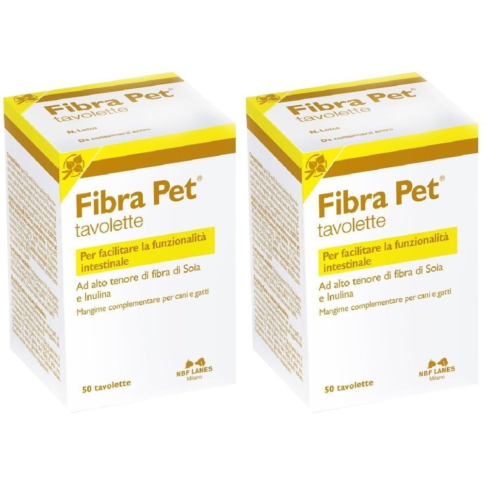 Zwei Schachteln Fibra Pet Tabletten. Weiße Schachteln mit gelben Akzenten und Produktinformationen. 50 Tabletten pro Schachtel.