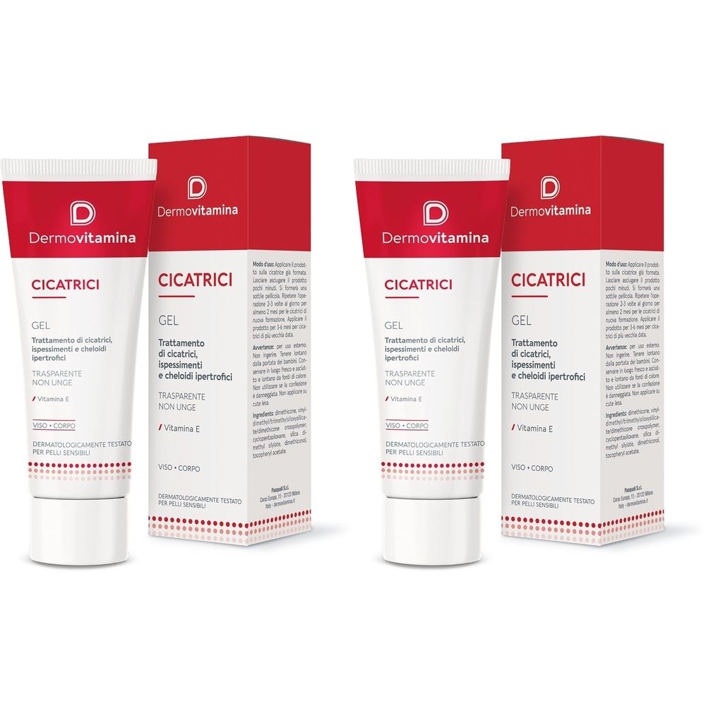 Zwei Tuben und zwei Schachteln. Auf den Tuben steht "CICATRICI GEL". Die Schachteln sind rot und weiß mit Produktinformationen.