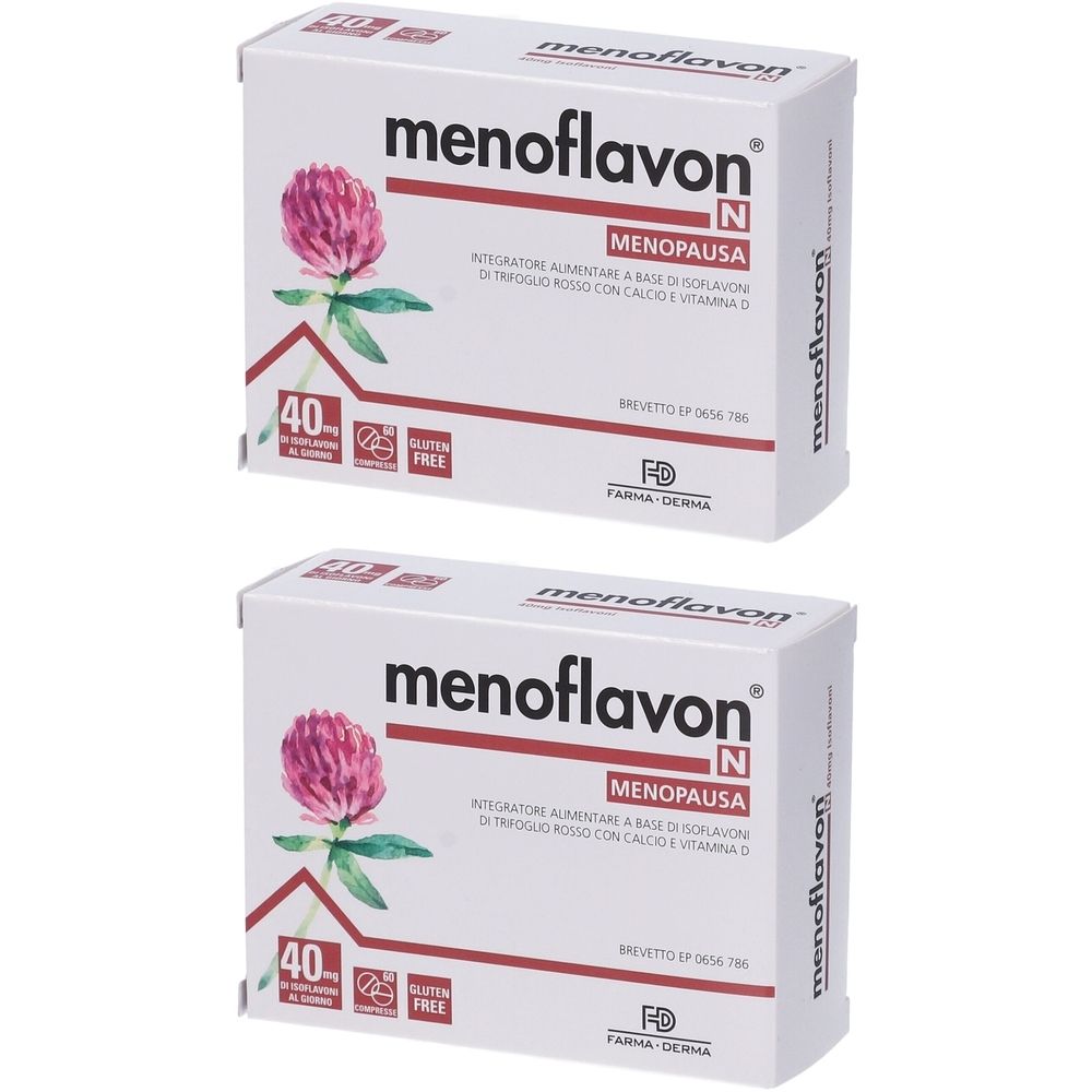 Deux boîtes blanches "menoflavon". Sur chaque boîte, une fleur rouge. Texte : "MENOPAUSA". Contient 40 comprimés.
