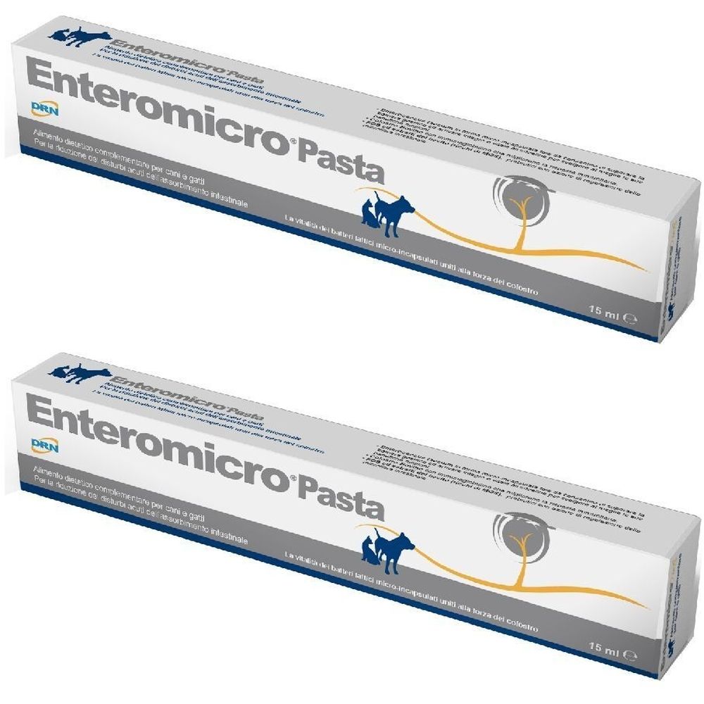 Deux boîtes de Enteromicro Pasta. Boîtes blanches avec nom et logo du produit. Inscription : 15 ml.