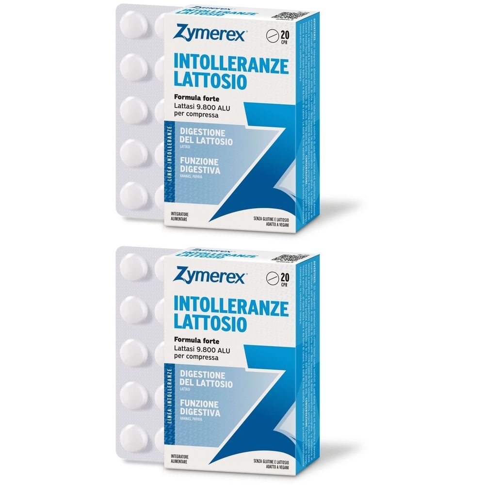 Deux boîtes de comprimés. Inscription : Zymerex, Intolleranze Lattosio. Emballage bleu et blanc. Blisters de comprimés.