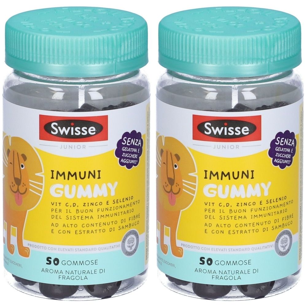 Zwei Flaschen Swisse Junior Immuni Gummy. Jede Flasche hat einen grünen Deckel und ein Etikett mit einem Löwen-Cartoon.