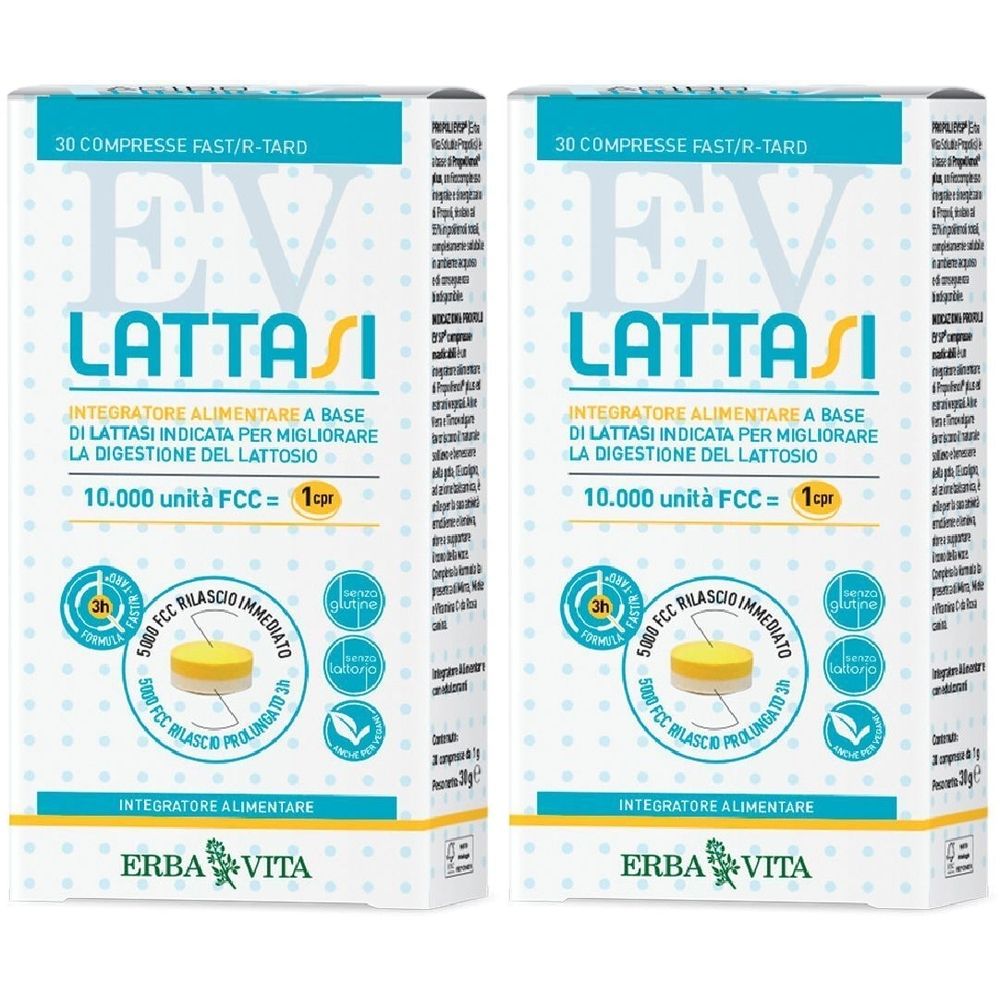 Zwei Packungen LATTASI. Aufschrift: 30 Tabletten. Enthält Laktase zur Verbesserung der Laktoseverdauung. Marke: Erba Vita.